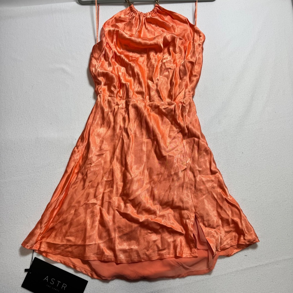 ASTR the Label dress womens medium melon orange satin chain halter mini slit